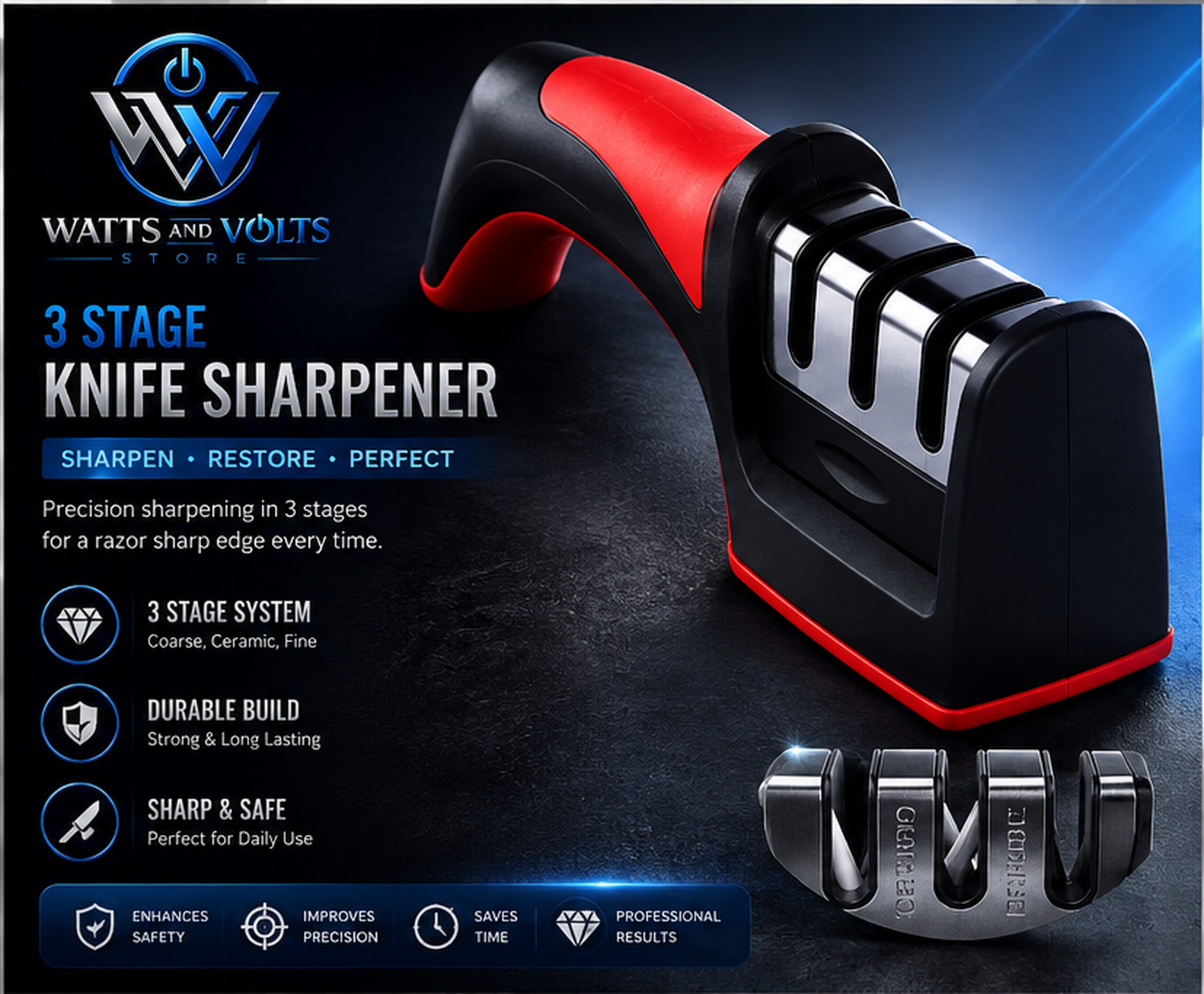 3-in-1 Knife Sharpener Stainless Steel Black Red