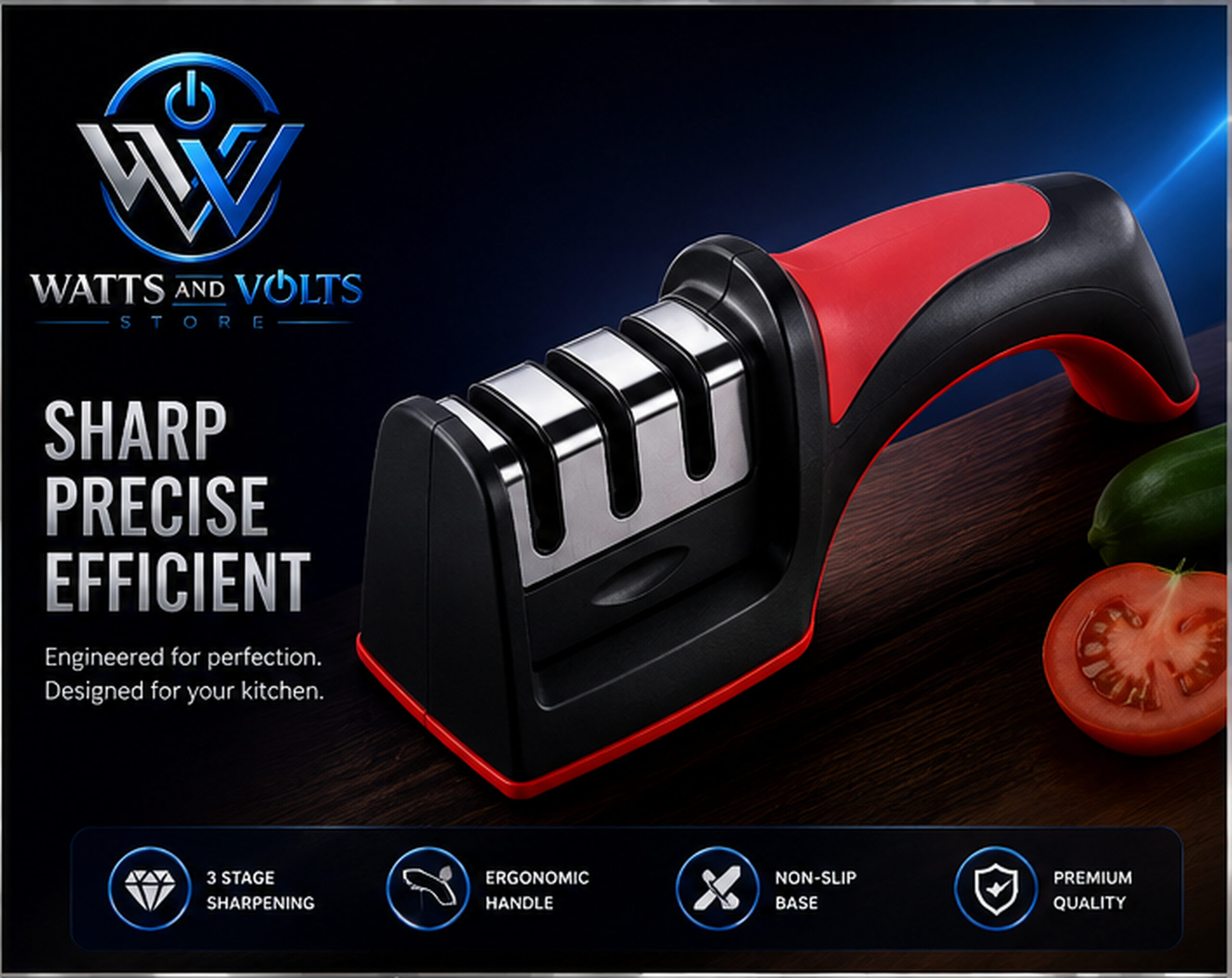 3-in-1 Knife Sharpener Stainless Steel Black Red - Image 2