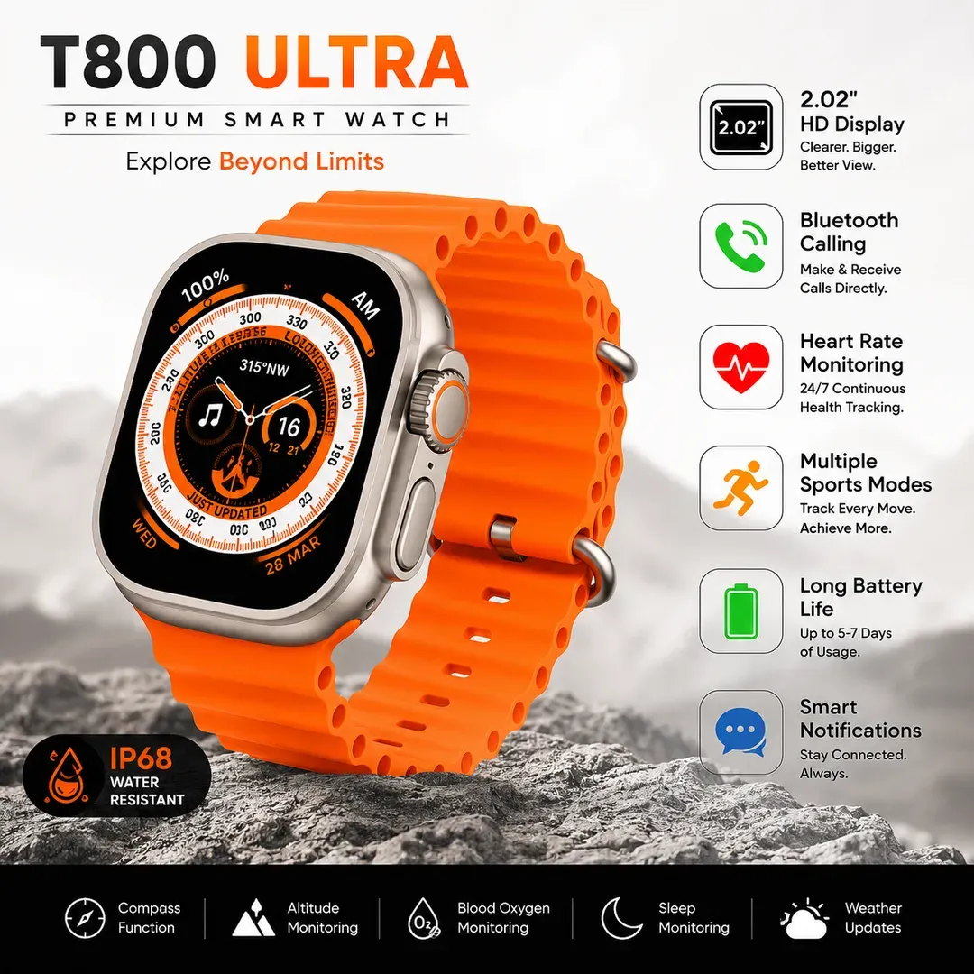 T800 Ultra Smart Watch Orange 2.0"HD Display - Image 2