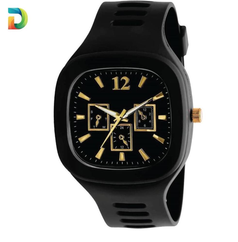 Men Black Silicone Analogue Watch With Gold Accents - Image 3