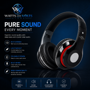 Black Bluetooth Headphones with Red Ring & Long Battery
