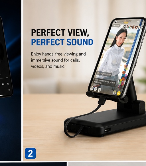3-in-1 BT Speaker Phone Stand Black Foldable - Image 3